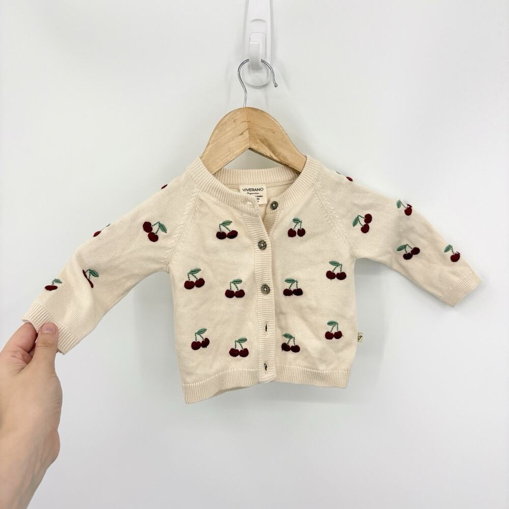 Viverano Organics Cardigan Sweater Girls 3-6 Months Embroidered Cherry Fruit Y2K